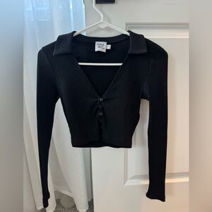 Princess Polly Black Ribbed Button Down Crop Top